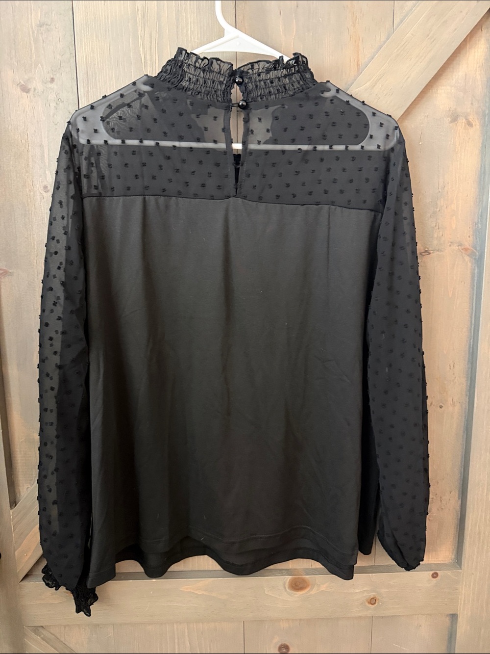 SHEIN Black Swiss-Dot Ruffle Mock Neck Blouse - Picture 3 of 3